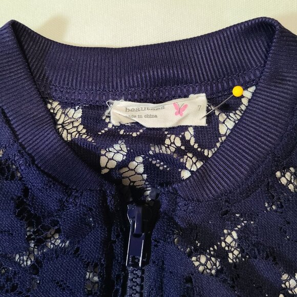 Beautees Girls Blue Lace Bomber Jacket Size 7 Floral Zip-Up Lightweight Layer - Picture 3 of 6
